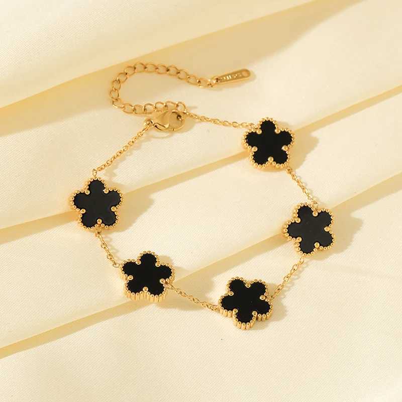 GANEMLY 316L Stainless Steel Black Plant Flower Bracelet - Five Leaf Petals Women's Luxury Jewelry Z260313