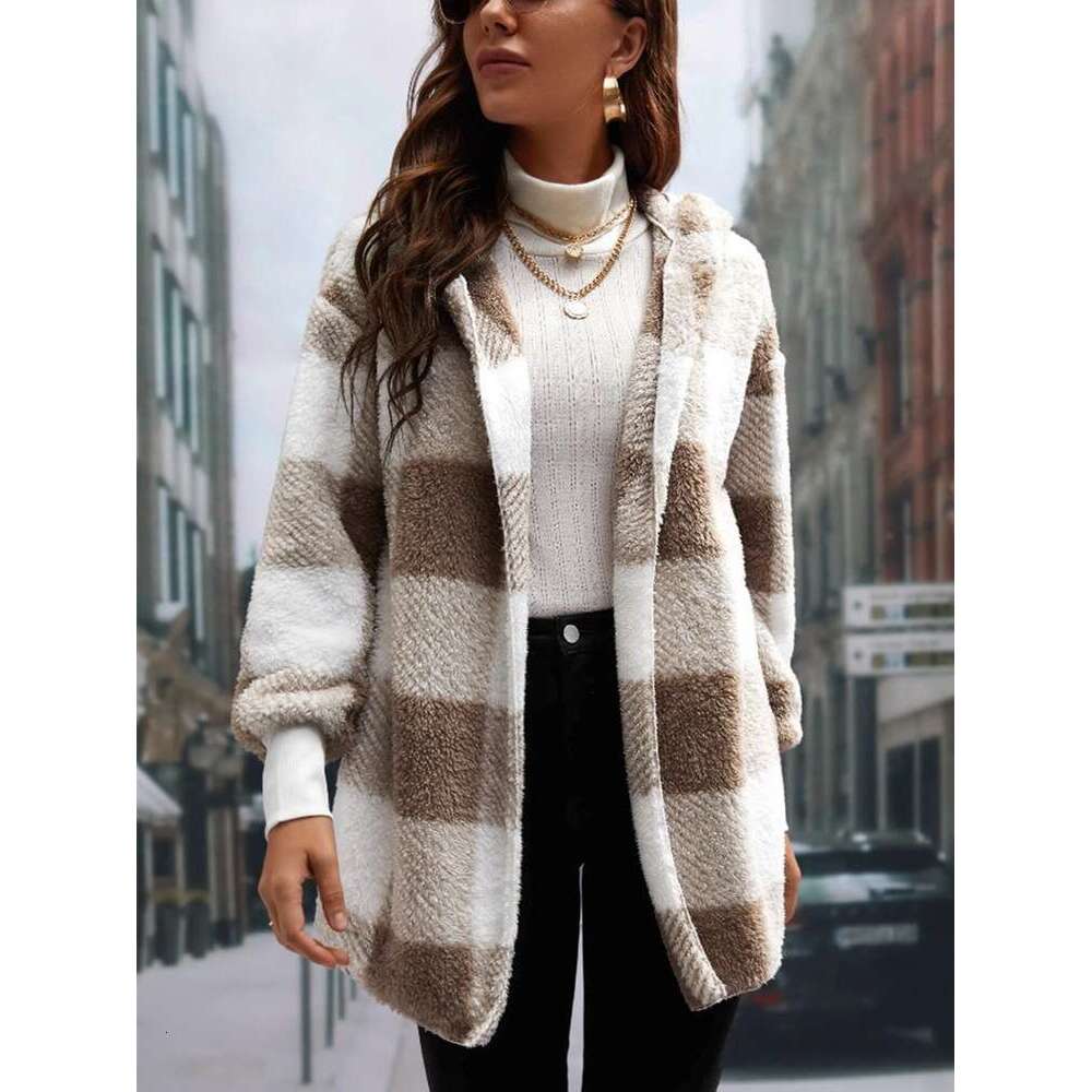 2025 Amazon Cross-Border New European and American Loose Plaid Color Block Knitted Cardigan Fashion Foreign Trade Sweater for Women