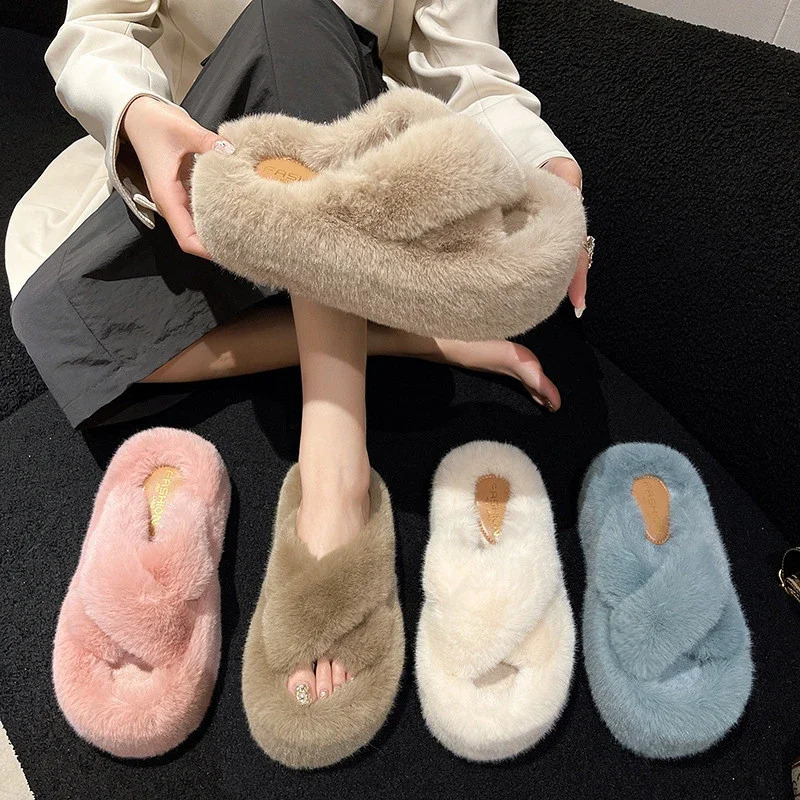 Woman Furry Ladies Faux Fur Fluffy Plush Slipper House Soft Fuzzy Platform Indoor Flat Casual Sabot Round Toe Winter 251107