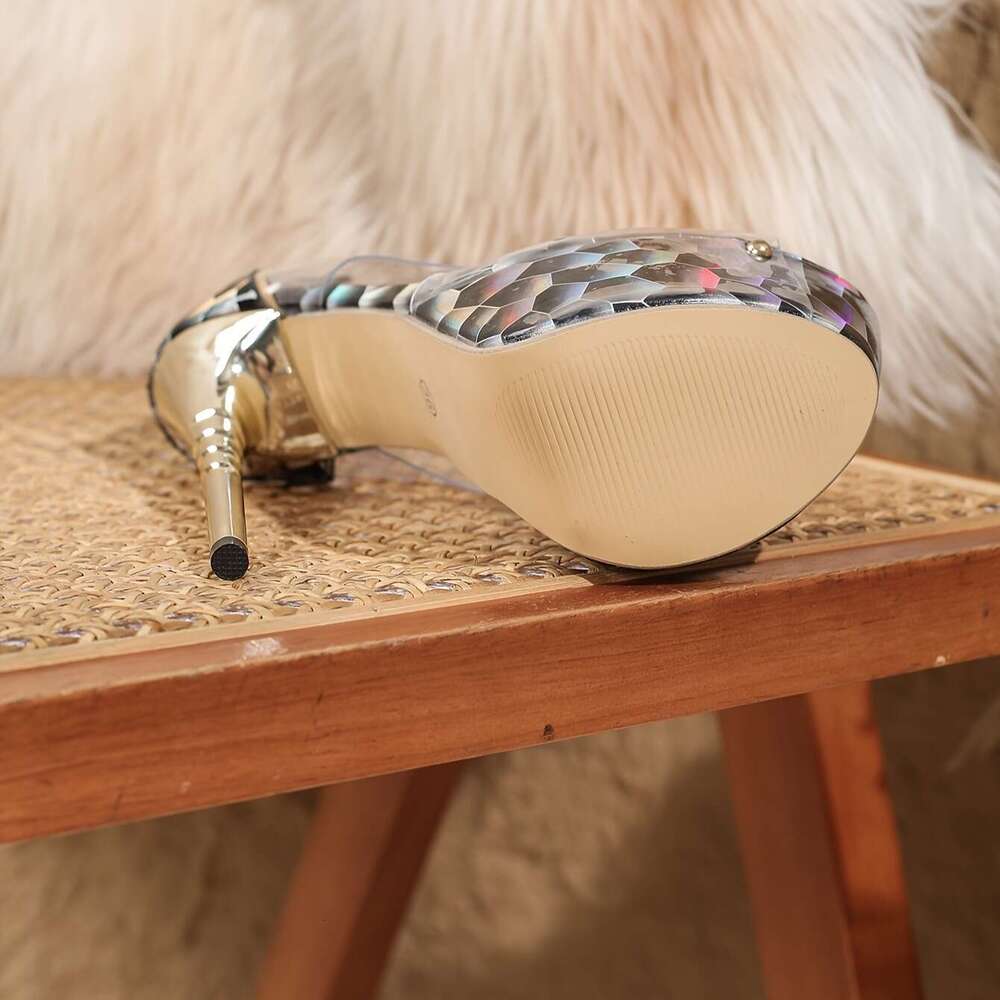 Elegant Italian Roman Style Sexy Fish Mouth Sandals, 17Cm High Heels, Lightweight Geometric Pattern, Crystal Embellishment, All-Season Mary-Jane Shoes