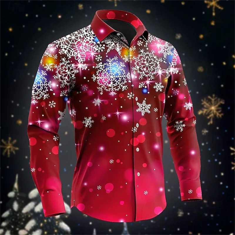 Christmas print shirt Santa Claus tree bell casual daily wear out autumn and winter lapel long sleeve dark red fast delivery K251110