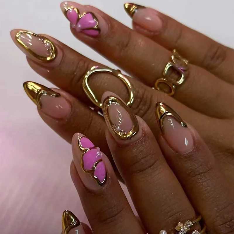 24 pieces of green almonds pressed on nails celebrity fake nails wearable nail sticks fake nails W250410