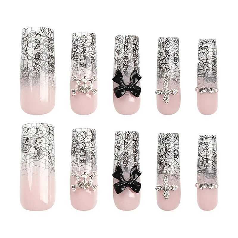 24pcs black bow fake nails diamond cross long ladder beach pattern press wearable nail tips for women and girls W250410