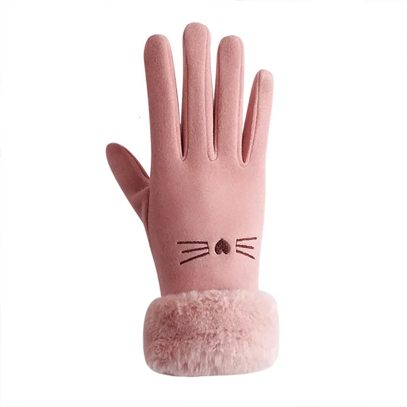Winter Female Cashmere Warm Suede Leather Cycling Mittens Double Thick Velvet Plush Wrist Women Touch Screen Driving Gloves 251106