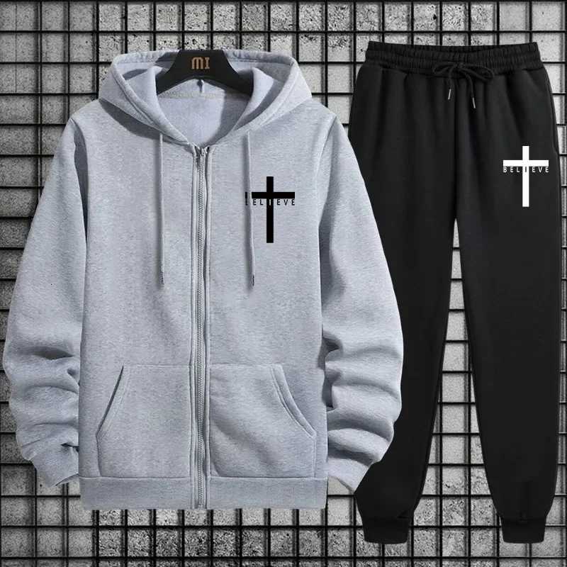 Autumn Winter Fashion Cross of Christ Mens Hip Hop Tracksuit Set 2025 New 2 Piece Outfit Zipper Hoodie Joggers Urban Streetwear W251110