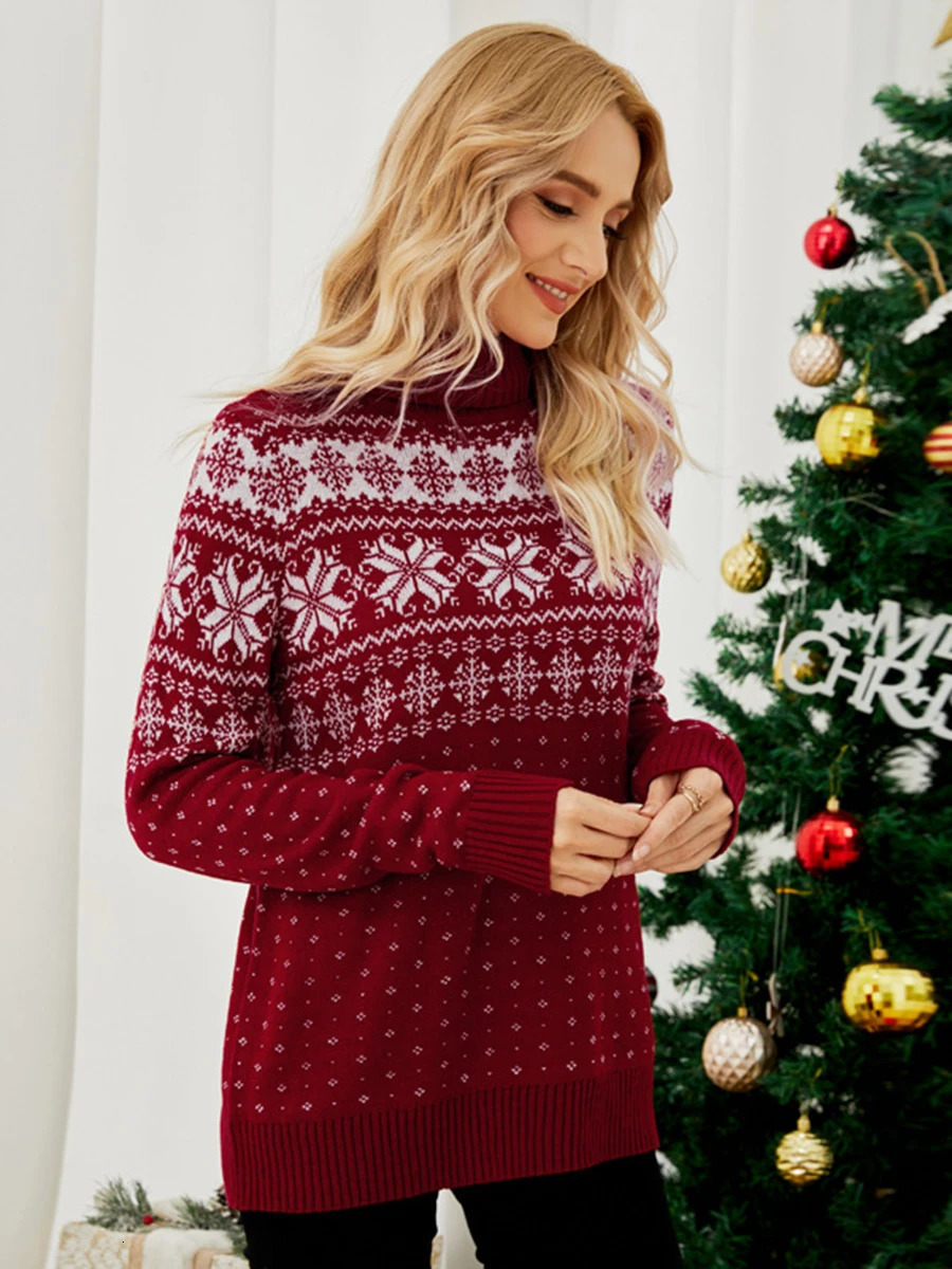 Women s Christmas Snowflake Knitted Sweater Long Sleeve High-neck Print Christmas Pullover Knitwear 251104