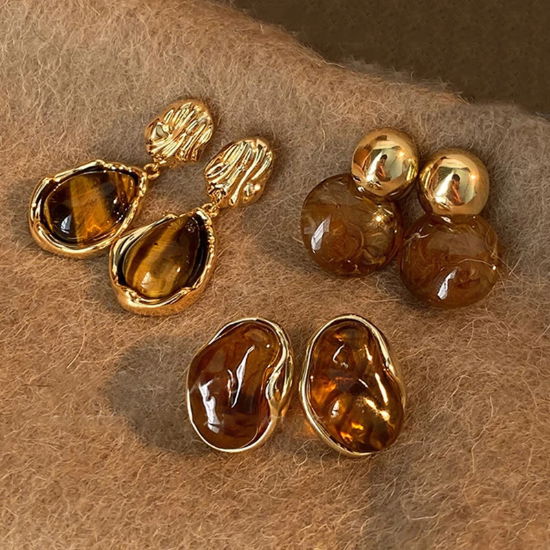 Vintage Brown Resin Tiger Eye Stone Dangle Earrings for Women Fashion Silver Needle Earring Personality Melard Color Jewelry 250409