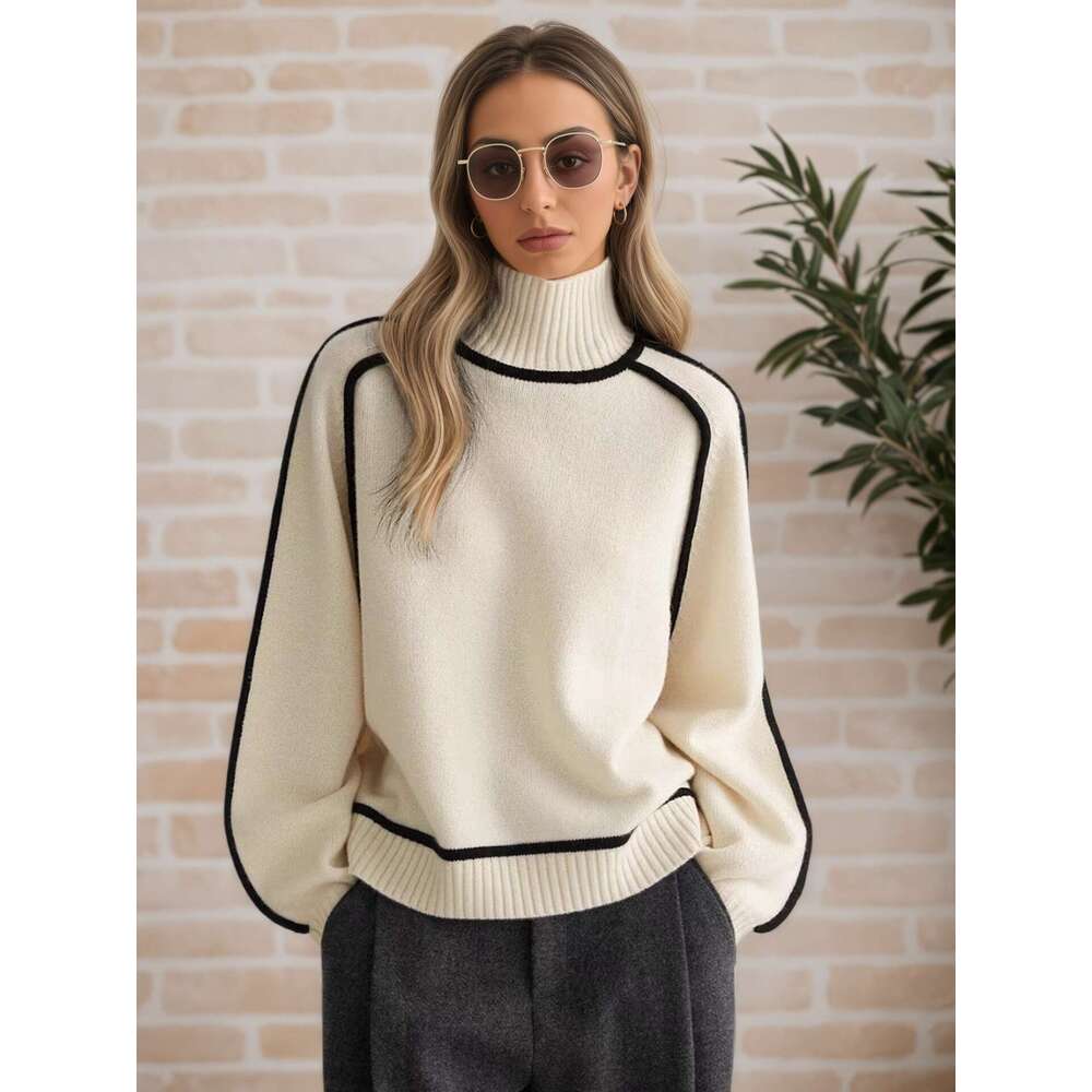Cross-Border Foreign Trade Women's Fashion Half Turtleneck Raglan Sleeve Top Elegant Line Threaded Base Knitted Sweater for Women