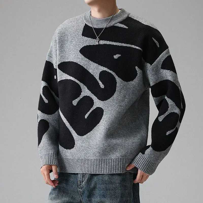 Fashion American Streetwear Grey Blue Abstract Jacquard Crew Neck Sweater Men Women Couple Loose Casual Knit Jumper Autumn Winter Y251110