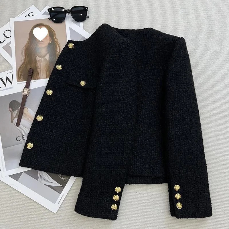 French Wool Tweed Coat Fashion Highend Gold Button Short Slim Temperament Spring and Autumn Korean Coats Women Jacket 251110