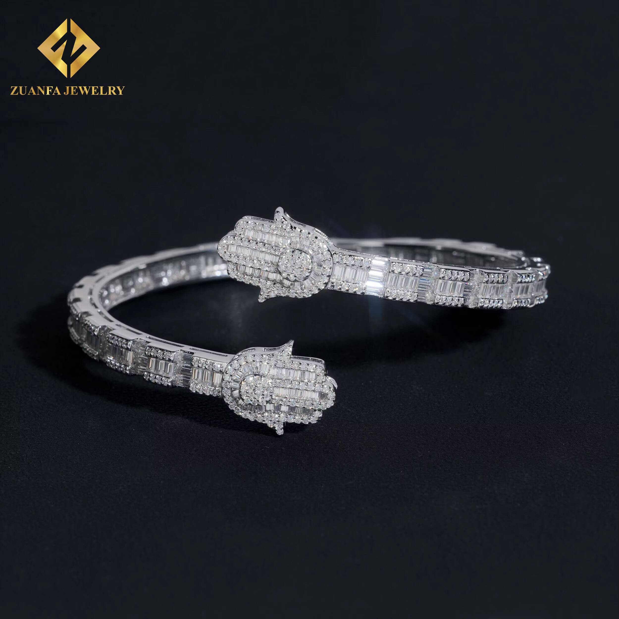 New Arrival 925 Silver Baguette Diamond Hamsa Hand Moissanite Bangle Bracelet Fashion Hip Hop Men VVS Moissanite Bracelets