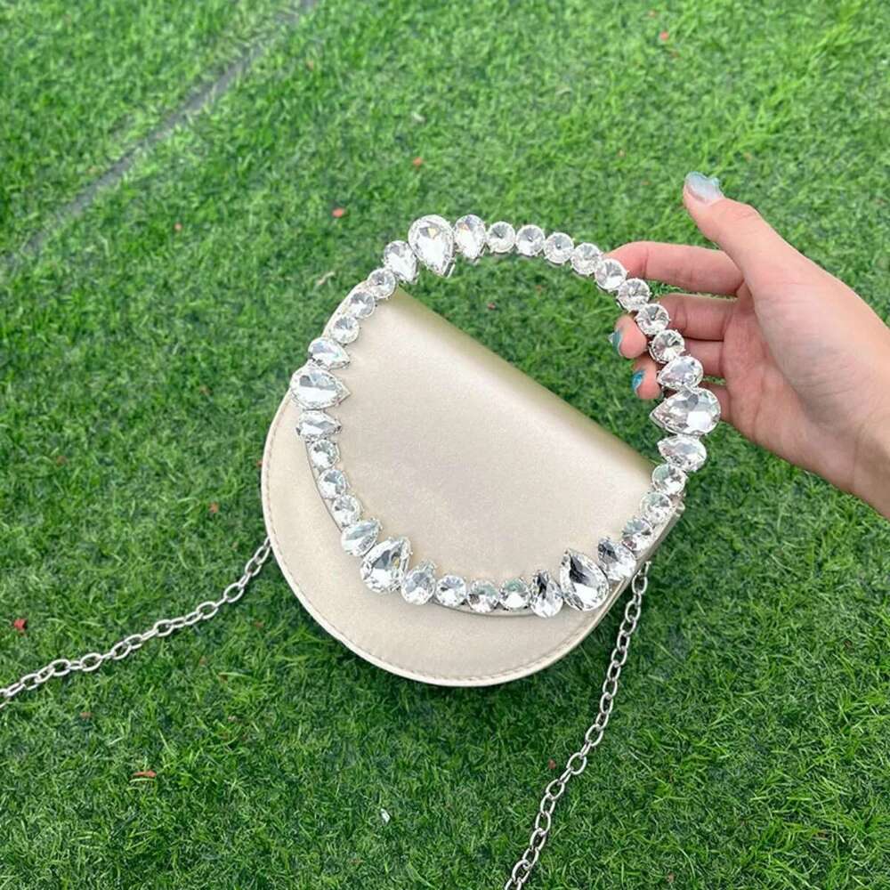 Women's Teardrop Saddle Satin Evening Purse, Crystal-Embellished Chain Strap Shoulder Bag Chic E Party Clutch