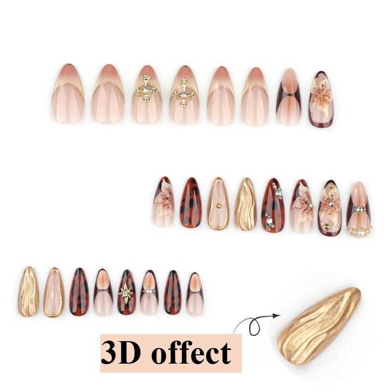 3D Golden Ripple Brown Amber Flower Rhinestone Pearl Star Peacock Feather Almond Fake Nail Art Fake Nail Press on Fake Nail Tool W250410
