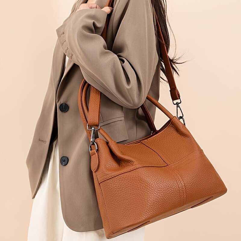 Black Lychee Pattern Women's Handbag, Dual-purpose Tote Crossbody, Large Capacity Multi-compartment Moms - Vintage Texture Shoulder Bag Suitable 