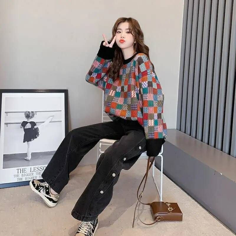 Vintage plaid for women 2023 o neck autumn and winter loose long sleeve plush knitwear sweater pullover female tops dongdumaoyi