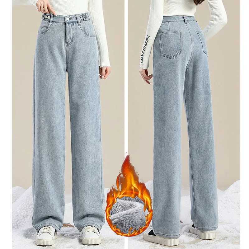 Winter Lady Solid Plush Thermal High Waist Jeans Girls Snow Warm Fleece Denim Pants Women Baggy Straight Leg Casual Trousers C251110