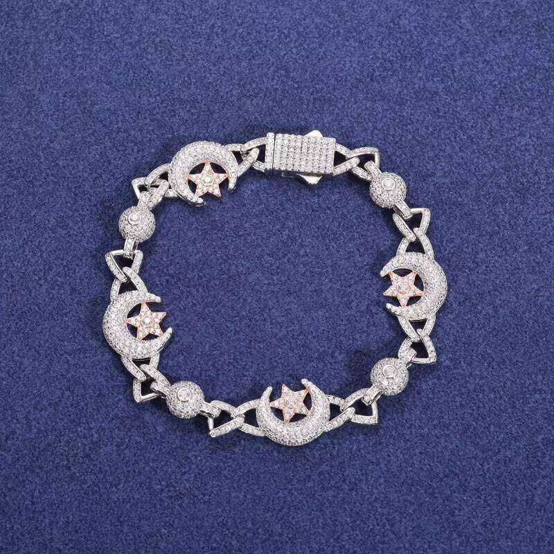 New Arrival Special Design 13mm Star Moon 925 Sterling Silver Moissanite Hip Hop Cuban Chain Bracelet