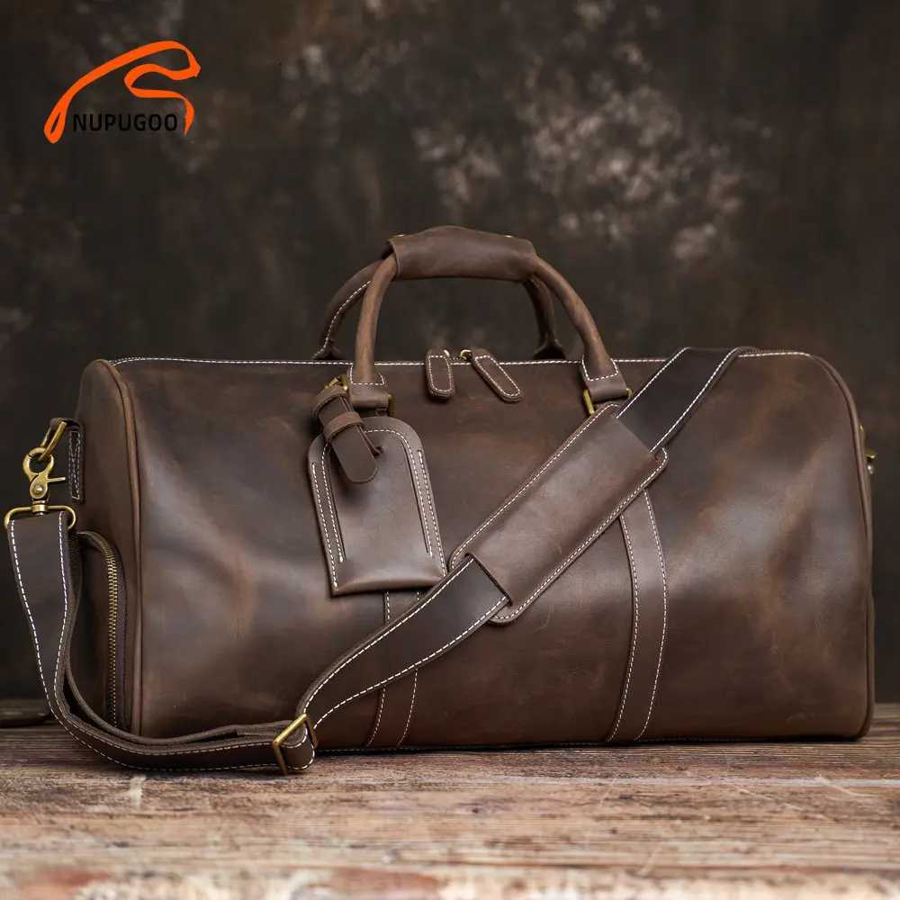 Vintage Mens Travel Bag Genuine Leather Hand Luggage Boston Bag Duffle Large Capacity Shoulder For 16 Inch Laptop NUPUGOO K251110