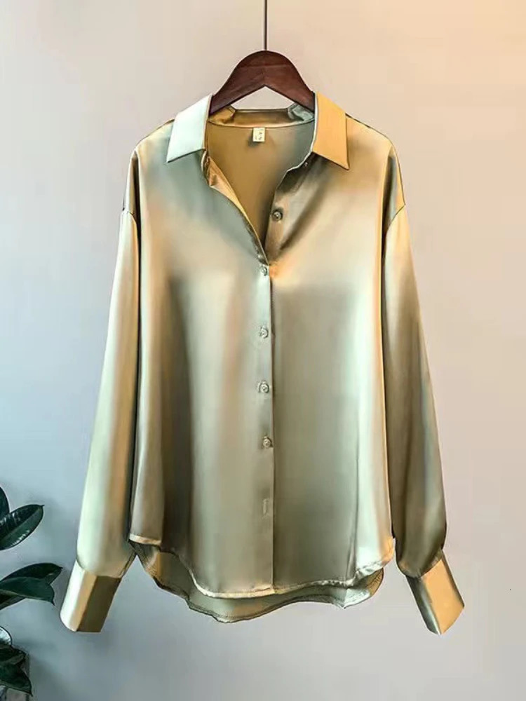 Casual Office Lady Silk Blouses Autumn Long Sleeve Button Up Shirt Women Elegant Winter Tops Office Lady Acetate Blouse 250409