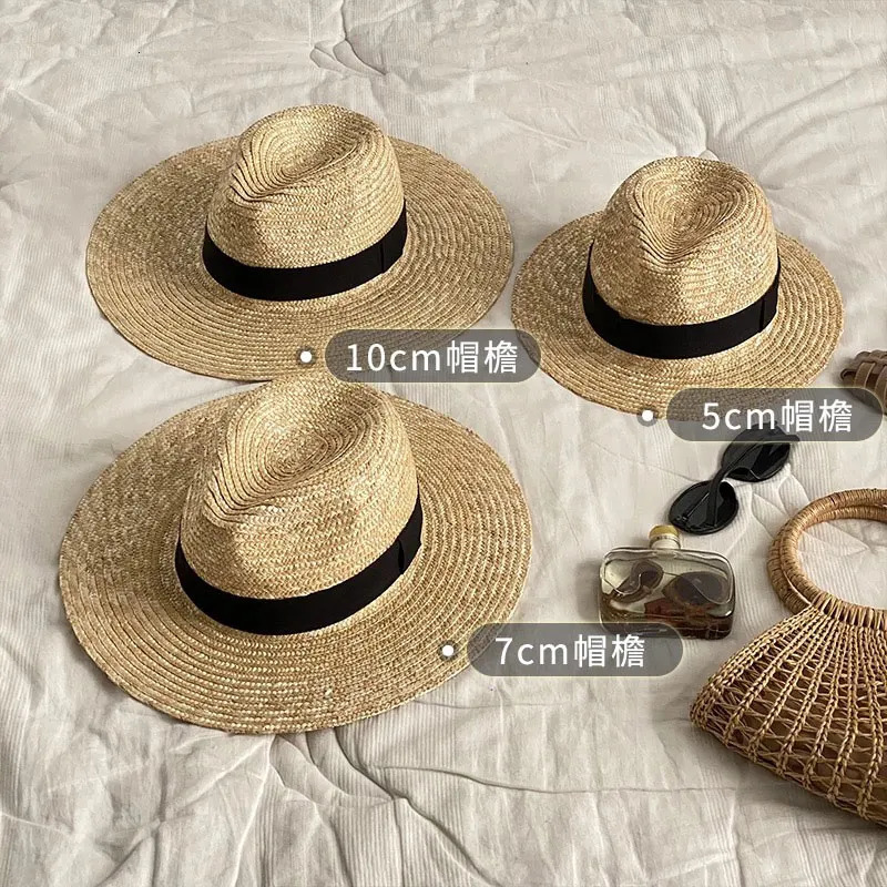 Trend Summer Wide Brim Straw Hat Chapeau Ladies Panama Sun Hats Boater Black Beach Hat Sombrero Mujer Fedora Cowboy Jazz Cap 250409