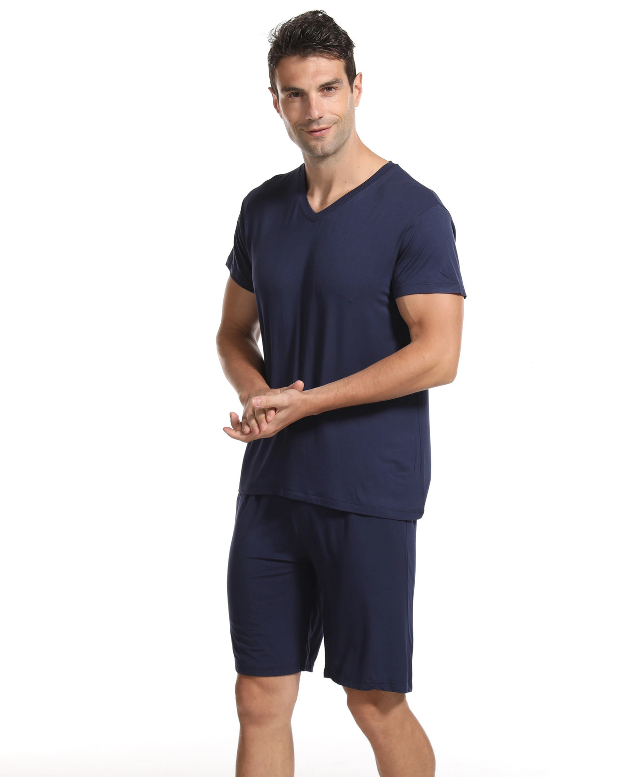 Mens 2-piece Modal Mens Summer Home Set V-neck T-shirt Thin Size Fat Large Short Sleeve Pajama 250410