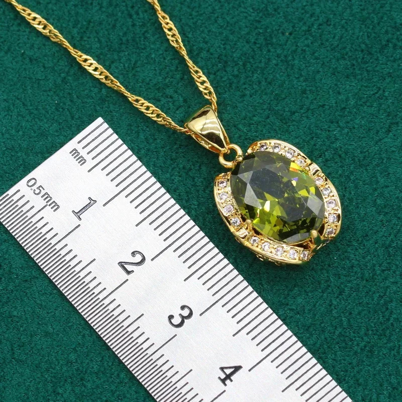 Geometric Wedding Gold Color Jewelry Set for Women Olive Green Zircon Bracelet Earrings Necklace Pendant Ring Gift 250409
