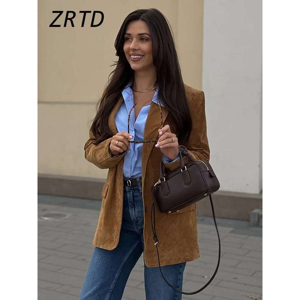 Elegant Women's Suede Jackets Loose Lapel Single Breasted Long Sleeve Female Coats 2025 Spring Lady Street Commute Outwear New