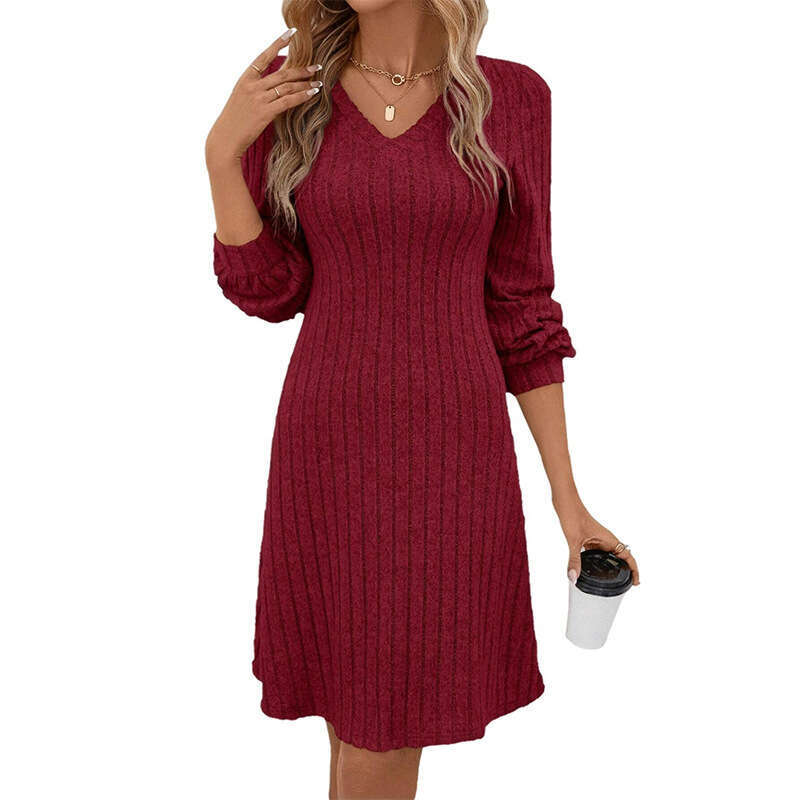Amazon European and American Cross-Border Trade 2024 Autumn Winter New V-Neck Brushed Ribbed Long Sleeve Dress Top for Women