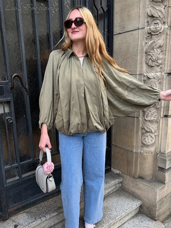 Casual Shirt Womens Loose V-neck Satin Shirt Womens Lantern Sleeve Lace Top Spring/Summer Khaki Top Womens Full Match Holiday Comfort 250409