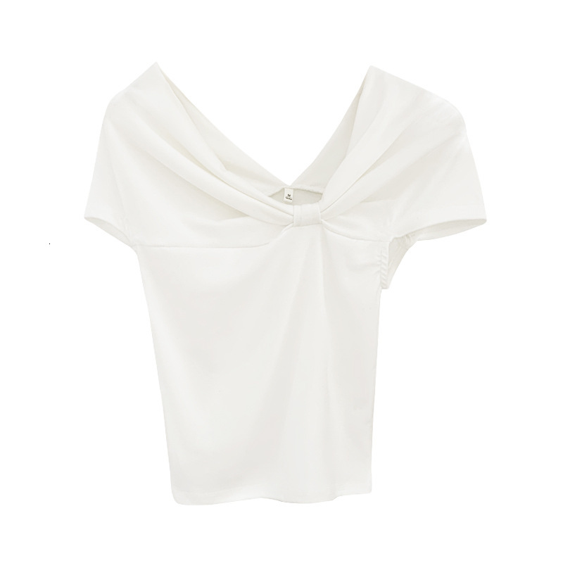 2025S Designer Women S T Shirt Design Sense Pleated One Sleeved T Shirt For Women In Summer Off Shoulder Bow Sweet And Spicy Short Student Top