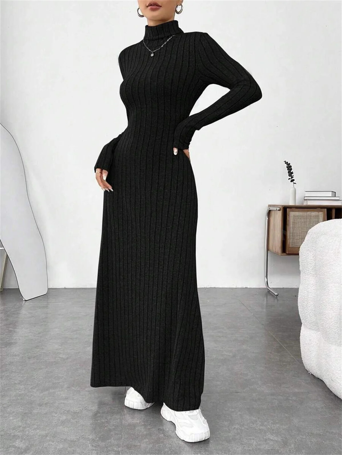 Knitted Elegant Long Sleeve Dress Women Autumn Winter Vintage Dresses Turtleneck Fashion Solid Vestidos Casual Street Y2K 251110