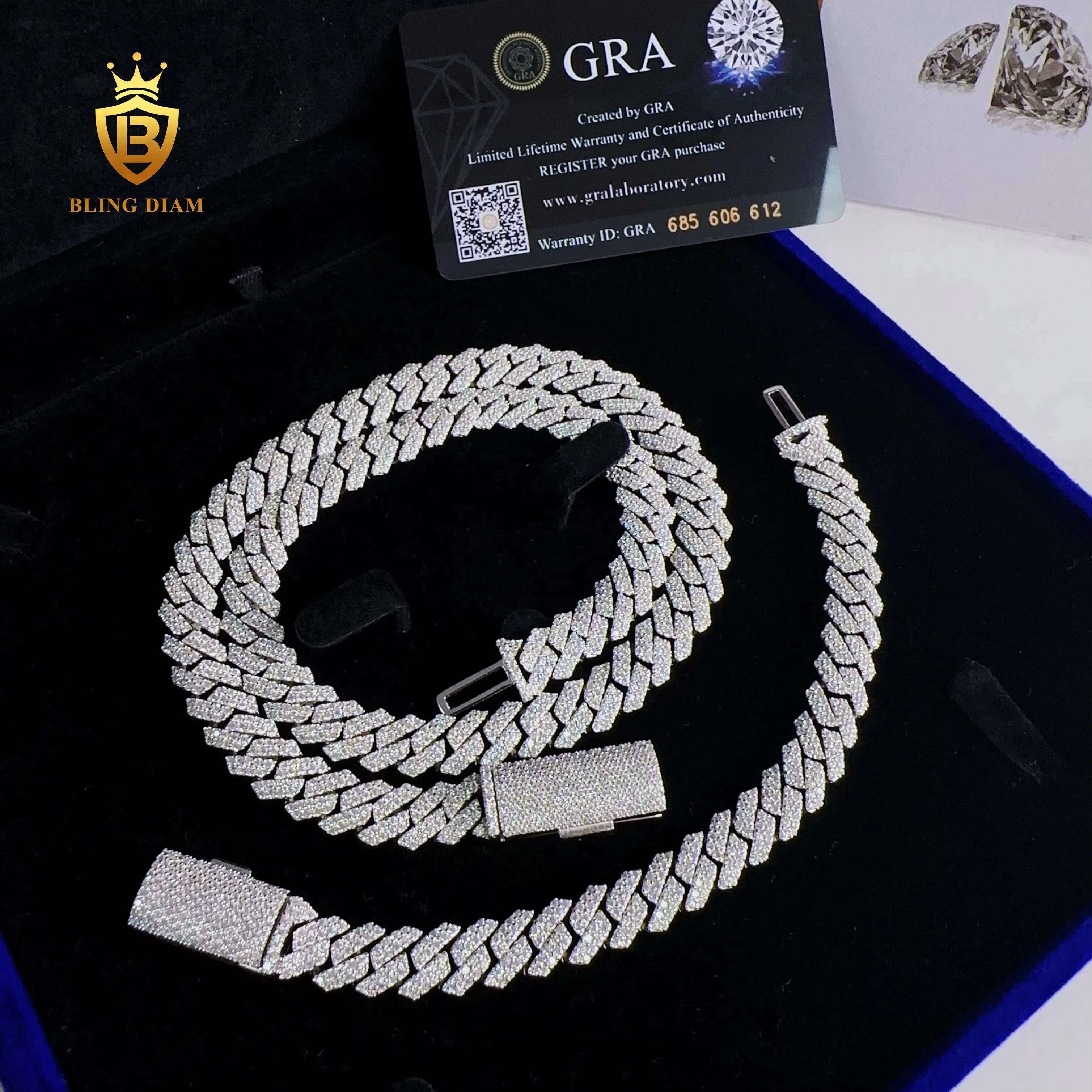 Blingdiam Jewelry Hip Hop 10mm Cuban Link Chain 2row VVS Moissanite Cuban Chains Necklace for Men