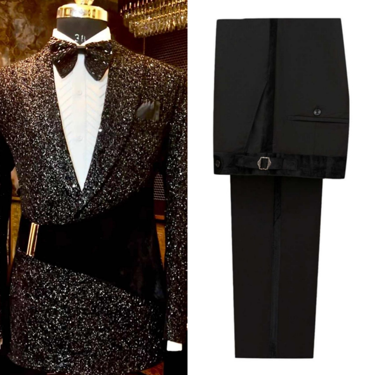 Handsome Man Tuxedos Sequins Notched Lapel Sashes Men Suit Exquisite 2 Piece Set Jacket Pants Evening Wedding Groom Coat Customized