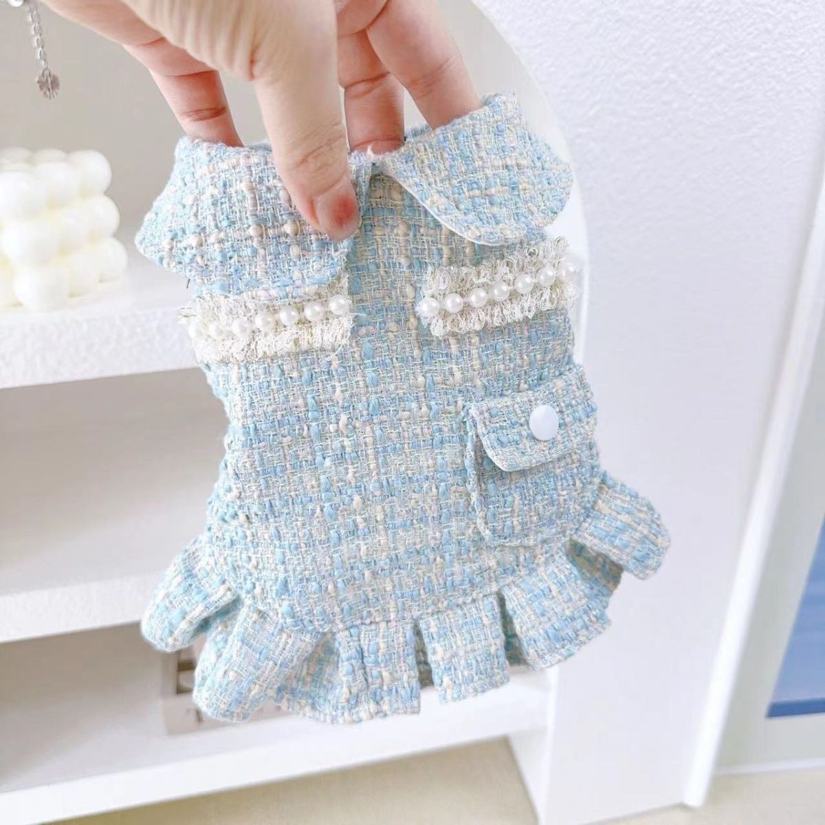 Fashion Tweed Pet Dress with Pearl Decoration, Ruffle Hem & Pocket Design, Stylish Small Dog Clothes for Bichon Poodle, High-Quality Pet Apparel for D