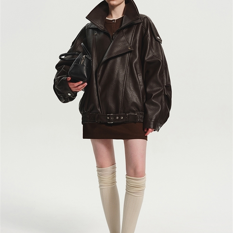 Lautaro Spring Autumn Cool Brown Oversized Pu Leather Jacket Women Long Sleeve Zip Up Luxury Designer American Retro Clothing 251105
