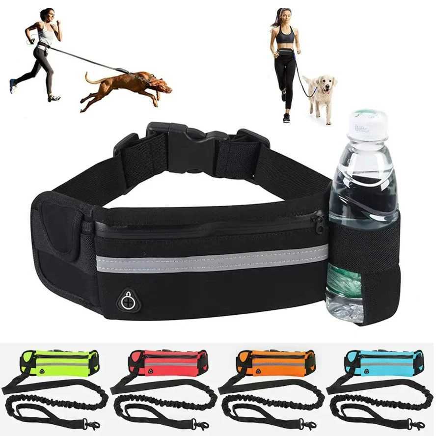 Dog Running Waist Leash Nylon Pet Leash with Waist Bag Retractable Elastic Belt Dog Traction Rope Reflective Belt Buckle J251110