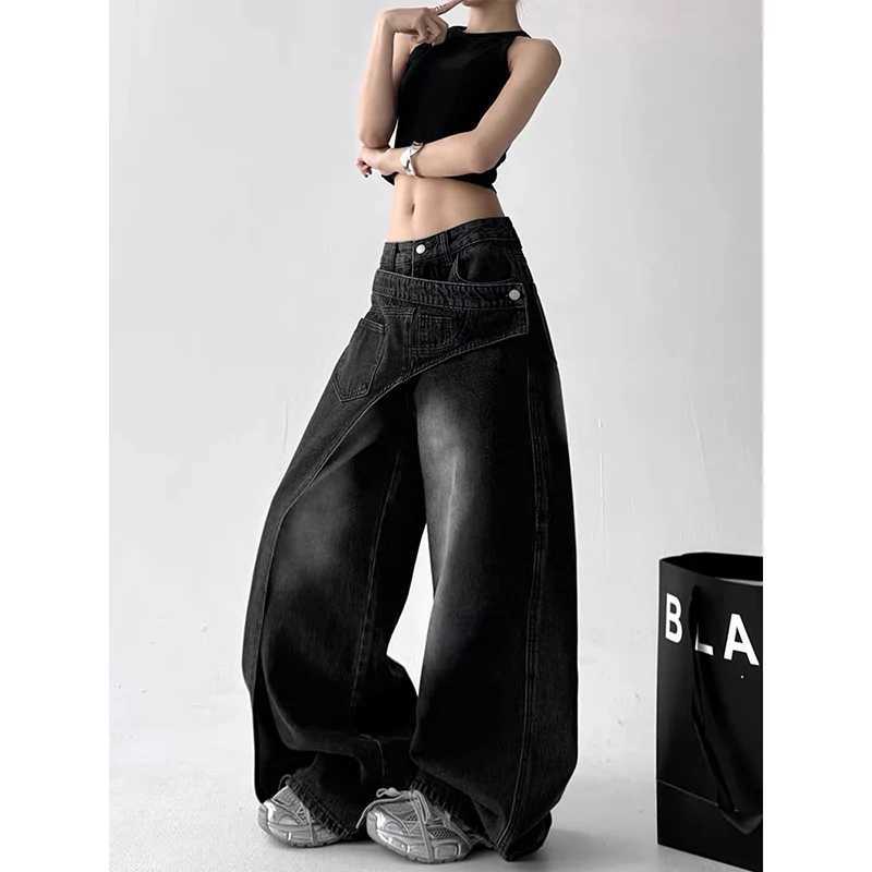 ZHIZOU Women Black Gothic Jeans Baggy Asymmetric Y2K Japanese Harajuku 2000s Streetwear Loose Wide Leg Jeans Pants Clothing C251110