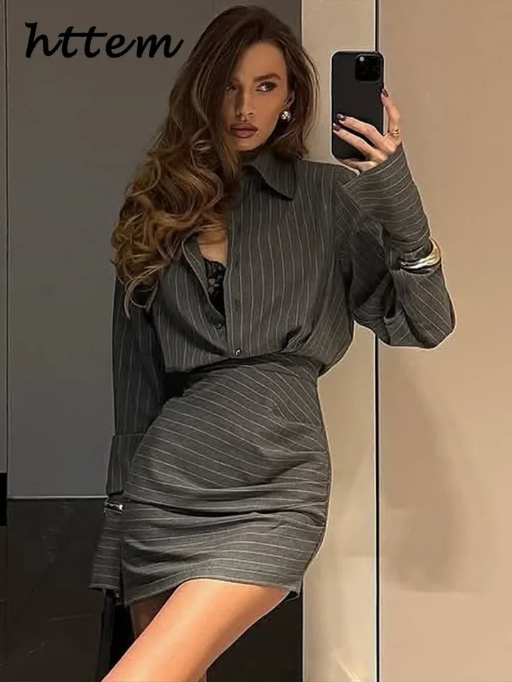 Striped shirt mini skirt set womens lapel button short sleeved pleated hip spring 250410