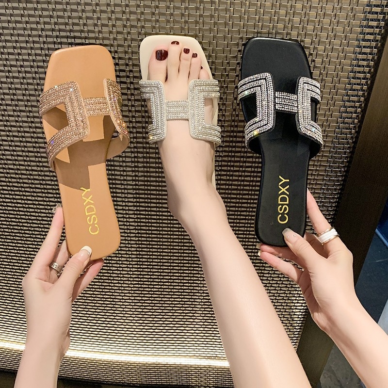 Designer's new fashion rhinestone flat slippers women's summer one-line square head slip-on home slippers black beige khaki