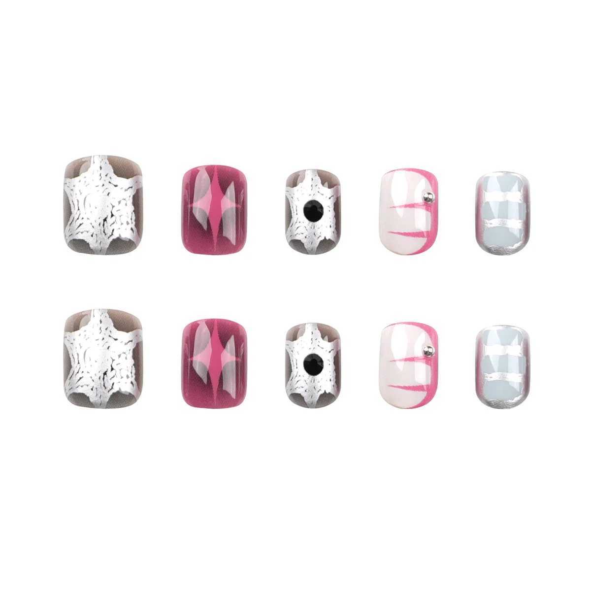 Wearable Star Y2k Nail Pressing Short Square 24 piece Fake Nail Silver Stripe Fake Nail Decoration Shining Nail Tip W250410