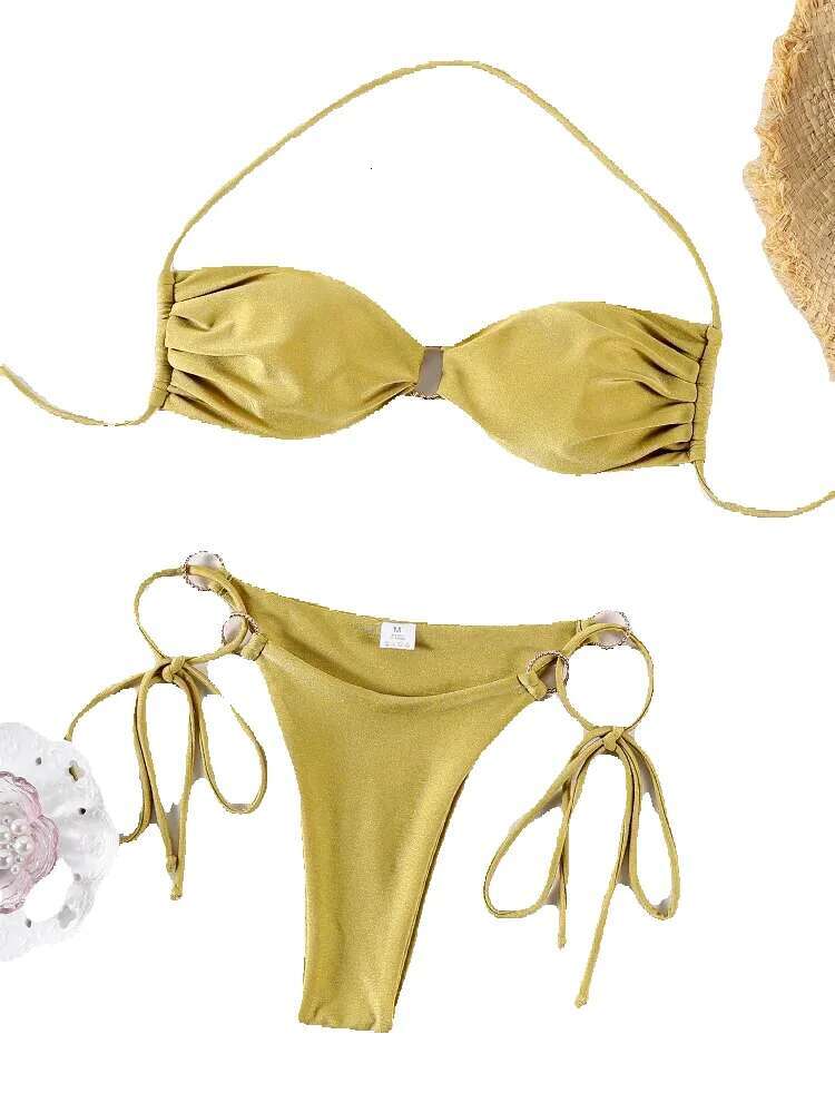 Solid color women's suspender bikini set shiny push up swimsuit beach bandage thong