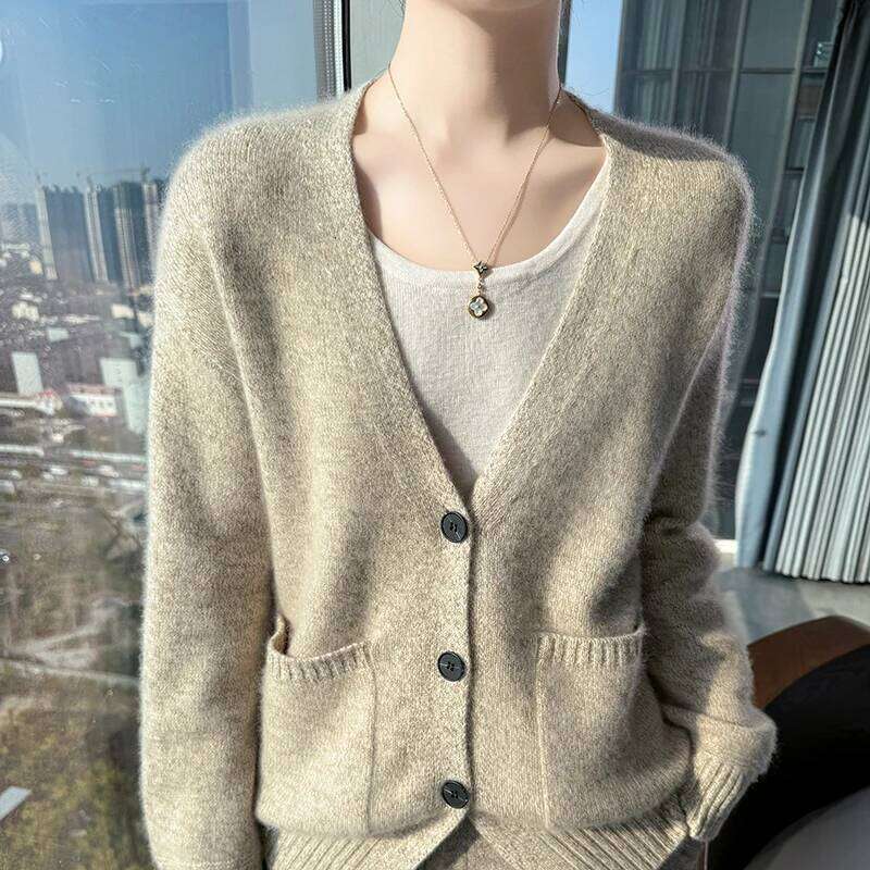 Fancy-Yarn Thickening Wool Women V-Collar Long Sleeve Wear Lady 2025 Winter Top Female Loose Ladies Sweater Plus Size Clothing
