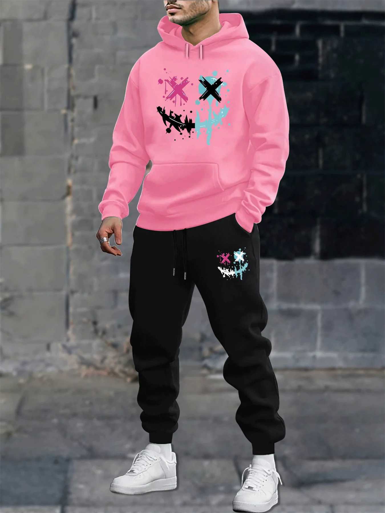 Mens autumn and winter casual fashion warm smiling face pattern printed loose plush thick hooded sweatshirtsweatpants set W251110