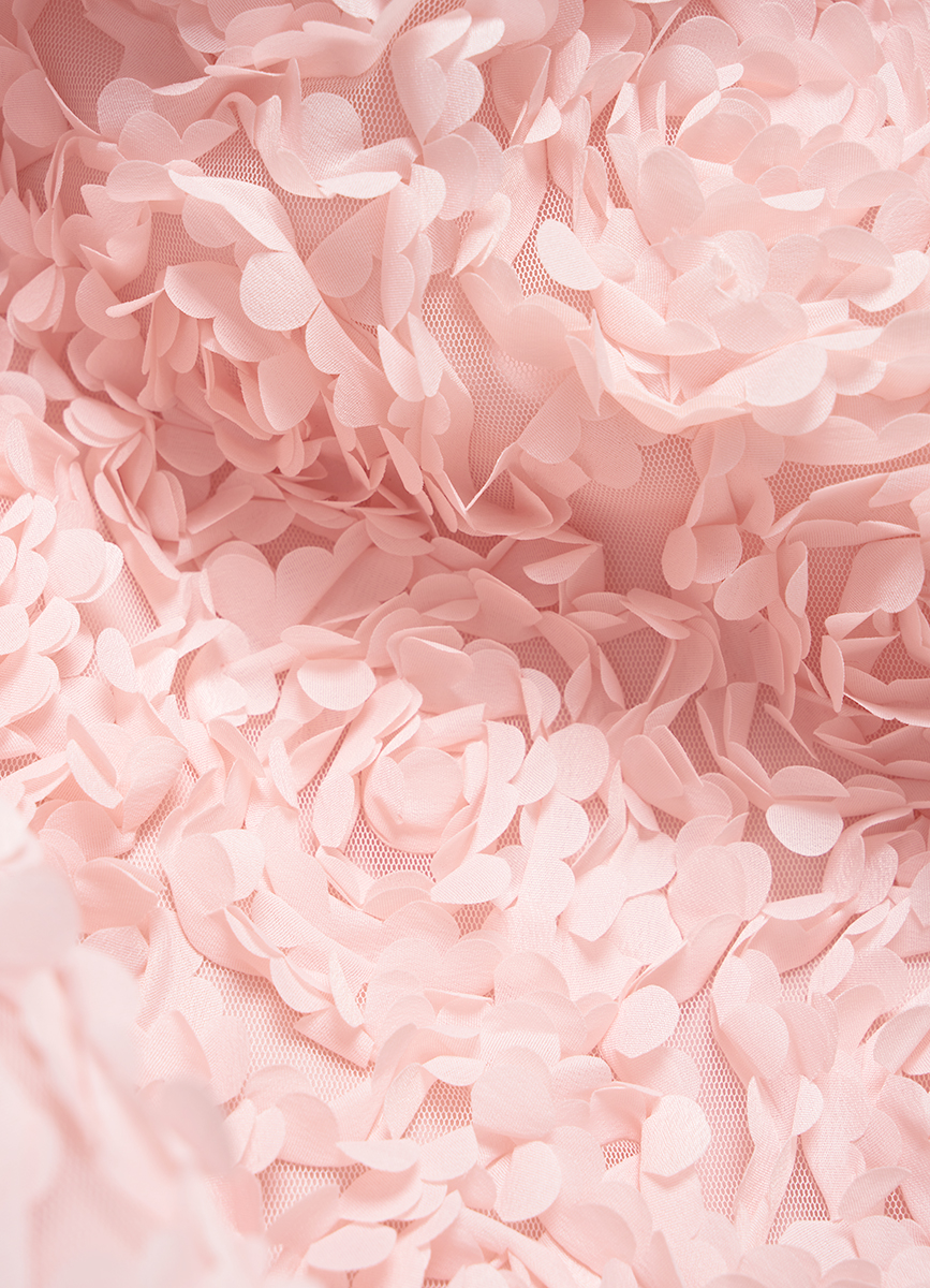 Women's Pink 3D Flower Scoop Neck Dress, Fitted Midi Length Evening Gown