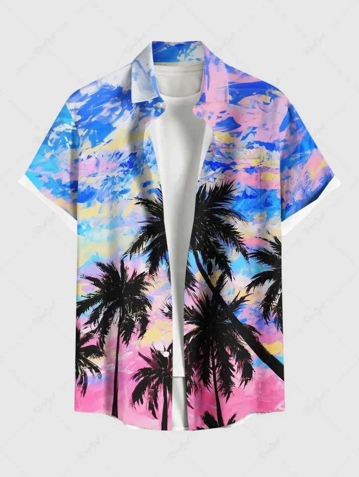 Large Hawaiian mens summer casual button up beach short sleeved shirt X250410