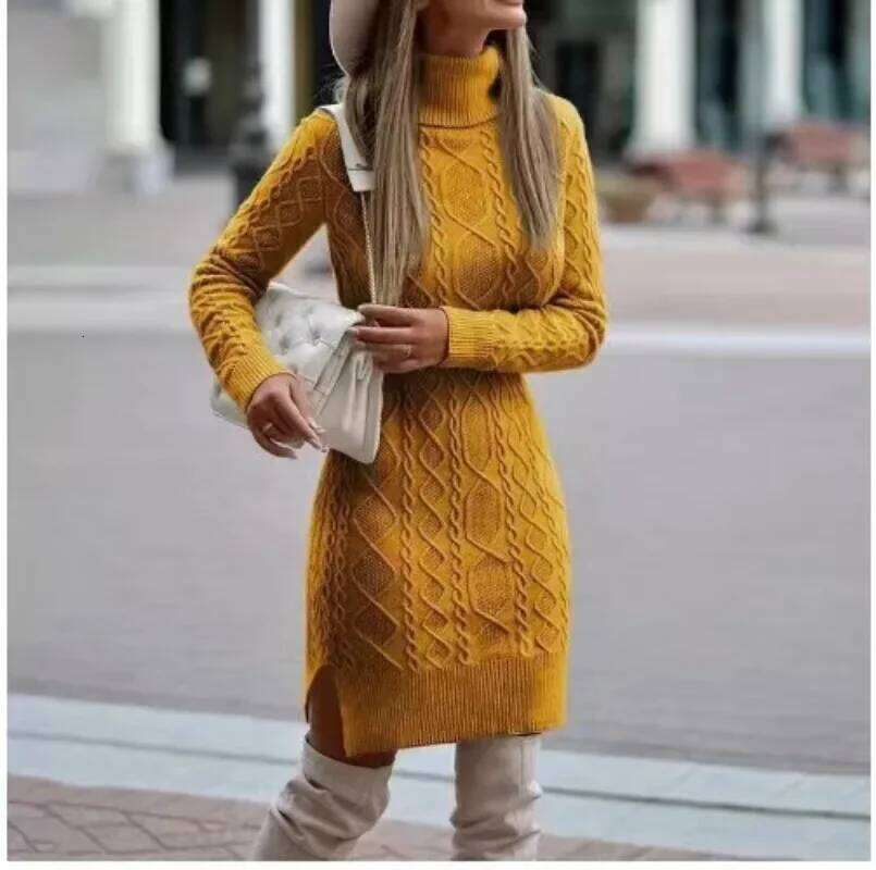 2024 Autumn Winter New Women's Wrap Hip Skirt High Neck Warm And Thickened Elegant Knitted Sweater Long Sleeve Dress