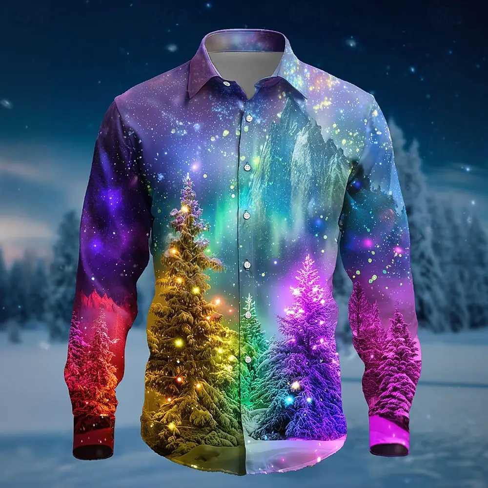 Fashion Mens Long Sleeve Shirt 2025 Christmas Tree Aurora Christmas Casaul Costume Shirt Streetwear Comfort Slim Fit Shirts K251110