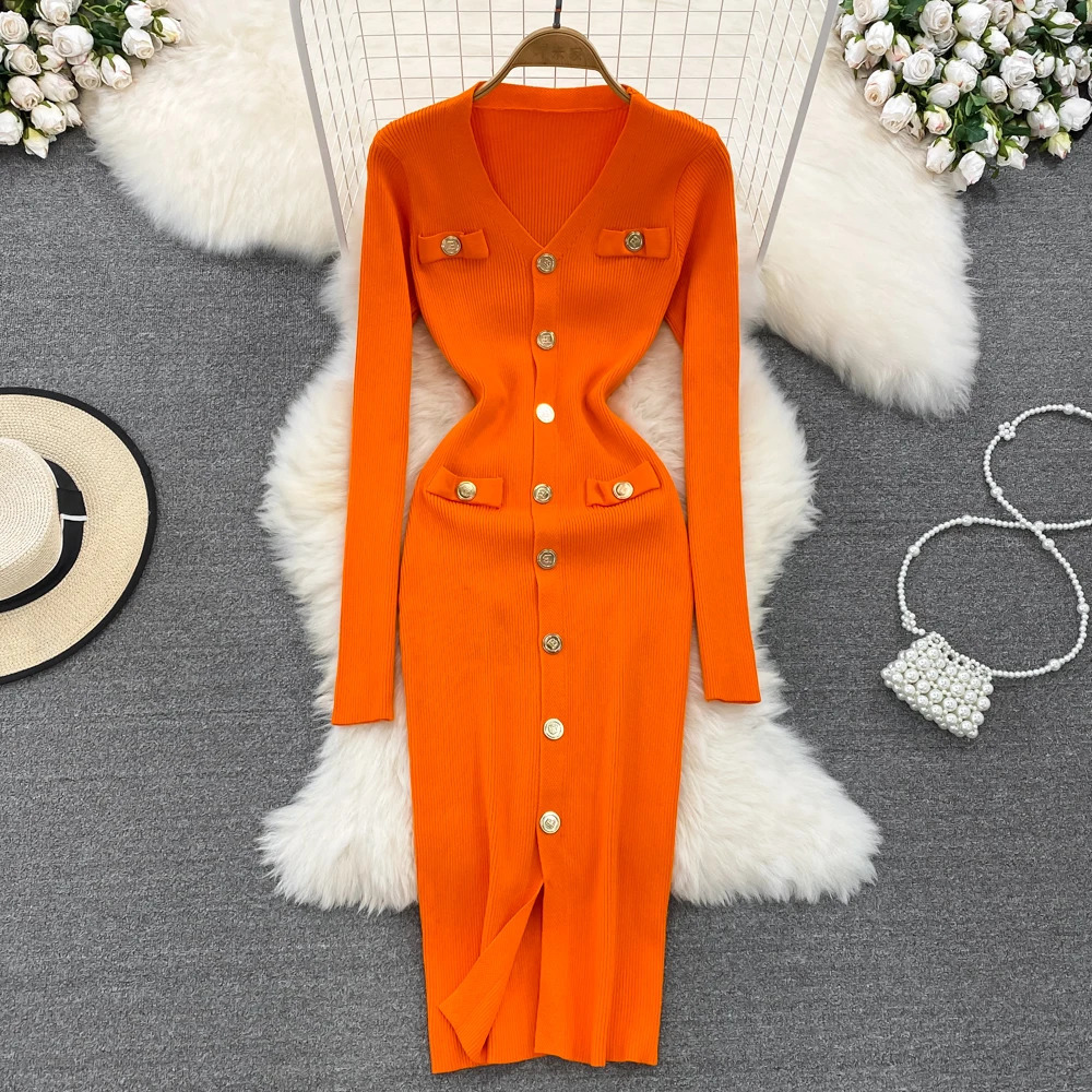 REALEFT Autumn Winter VNeck Womens Knitted Dresses Single Breasted Long Sleeve Solid Front Split Midi Female 251110