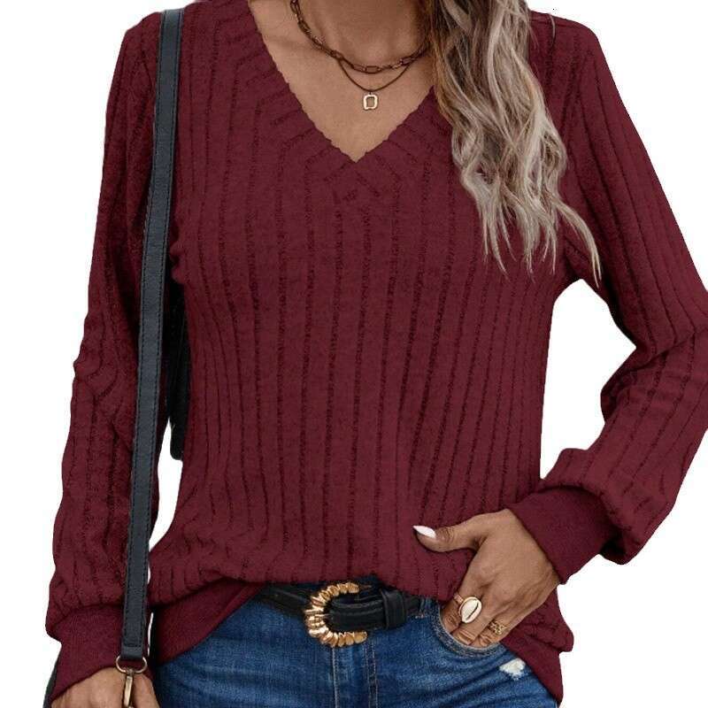 2024 Spring New Clothing Amazon Women's V-Neck Brushed Ribbed Solid Color Long Sleeve Top Independent Station