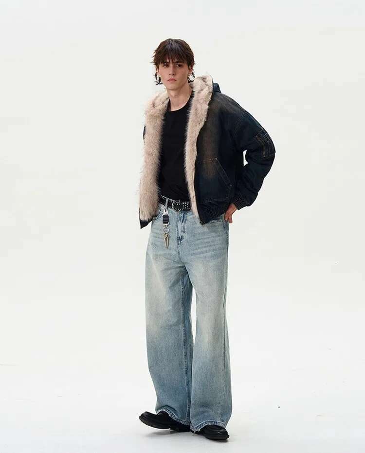 Fur Collar Denim Parkas Men's And Women's Distressed Puffer Jacket Hip Hop Thickened Warm Coat Short
